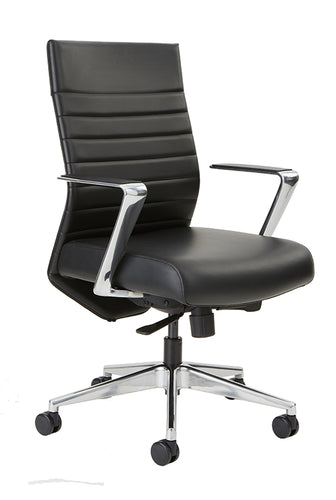 conference chair in black leather with polished aluminum arms and base