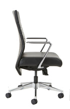 Load image into Gallery viewer, conference chair in black leather with polished aluminum arms and base side view